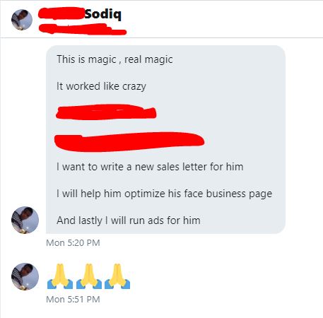 Sodiq testimonial Client response 2nd screenshot